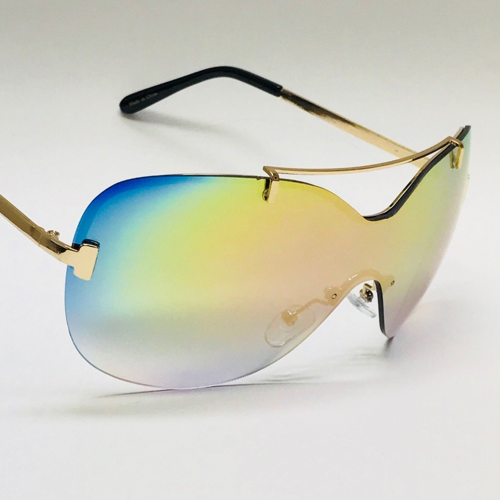 Rimless Sunglasses Rainbow‎ Lens Shield Visor Gold Accents Fashion Shades Lentes